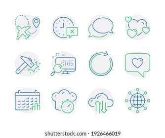 Technology icons set. Included icon as Cooking timer, Hammer blow, Airplane signs. Heart, Search, Love message symbols. Time, Synchronize, Calendar graph. Messenger, Cloud sync line icons. Vector