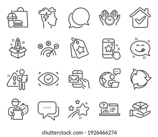 Technology icons set. Included icon as Star rating, Startup, Recycle signs. Messenger mail, Correct answer, Message symbols. Yummy smile, Safe time, Online help. Loyalty tags, Chat message. Vector