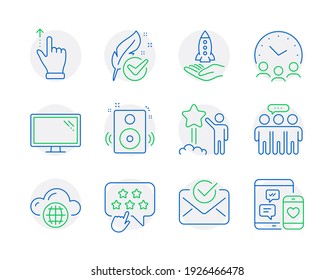Technology icons set. Included icon as Crowdfunding, Employees group, Meeting time signs. Hypoallergenic tested, Touchscreen gesture, Monitor symbols. Cloud computing, Ranking star, Star. Vector