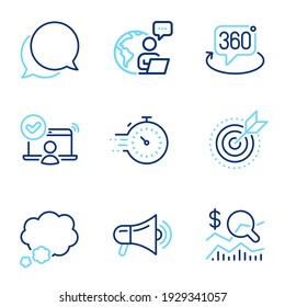 Technology icons set. Included icon as 360 degree, Target purpose, Online access signs. Chat message, Talk bubble, Timer symbols. Check investment, Megaphone line icons. Line icons set. Vector