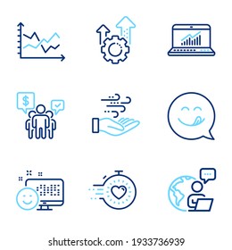 Technology icons set. Included icon as Smile, Seo gear, Diagram chart signs. Wind energy, Online statistics, Teamwork symbols. Yummy smile, Timer line icons. Positive feedback, Cogwheel. Vector