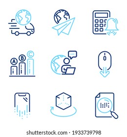 Technology icons set. Included icon as Graph chart, Delivery service, Search file signs. Augmented reality, Scroll down, Calculator alarm symbols. Smartphone recovery, Paper plane. Vector