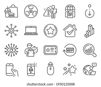 Technology icons set. Included icon as Safe box, 3d chart, Scroll down signs. Internet documents, Mail, Seo analysis symbols. Refund commission, Notebook, Loyalty star. Multichannel. Vector