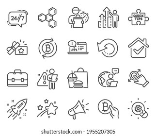 Technology icons set. Included icon as Touchscreen gesture, Loyalty gift, Megaphone signs. Refresh bitcoin, Innovation, Chemical formula symbols. Bitcoin pay, 24h service, Startup rocket. Vector