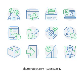 Technology Icons Set. Included Icon As Chemistry Lab, Internet Report, Login Signs. Chemistry Dna, Seo Marketing, Office Box Symbols. Loyalty Card, User, Online Loan. 5g Wifi, Ab Testing. Vector