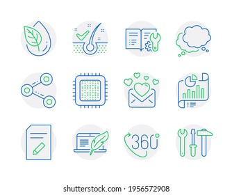 Conjunto de iconos de tecnología. Icono incluido como burbuja de voz, laptop de derechos de autor, señales de correo de amor. Procesador Cpu, Compartir, Símbolos anti-dandruff flakes. Documento de informe, Documentación de ingeniería. Vector