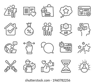 Technology icons set. Included icon as Multitasking gesture, Augmented reality, Love book signs. Loan, Time, Survey symbols. Chemistry experiment, Messenger, Quick tips. Screwdriverl, Like. Vector