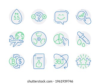 Conjunto de iconos de tecnología. Icono incluido como gráfico gráfico Graph, Riesgo químico, señales de vuelo internacionales. Pipeta química, rotación completa, símbolos de conversación sonriente. Prueba de test, intercambio de bitcoin, Estrella. Vector
