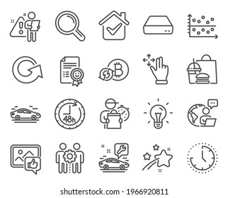 Technology icons set. Included icon as Employees teamwork, Time, Refresh bitcoin signs. Research, 48 hours, Move gesture symbols. Smile, Car service, Like photo. Dot plot, Reload, Car. Vector