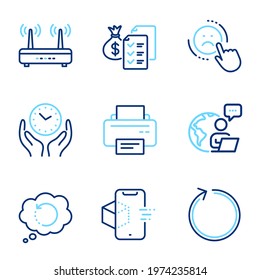 Technology icons set. Included icon as Augmented reality, Safe time, Wifi signs. Loop, Printer, Recovery data symbols. Accounting wealth, Dislike line icons. Phone simulation, Hold clock. Vector