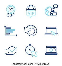 Technology icons set. Included icon as Recovery data, Approved award, Checkbox signs. Vip internet, Horizontal chart, Seo laptop symbols. Portable computer, Timer line icons. Line icons set. Vector
