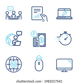 Technology icons set. Included icon as Swipe up, Parking payment, Laptop repair signs. Timer, 5g internet, Document symbols. People chatting, Computer line icons. Scrolling page, Paid garage. Vector