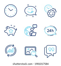 Technology icons set. Included icon as Time management, Yummy smile, Time signs. Search photo, Quote bubble, 24h service symbols. Update data, Loyalty points line icons. Settings, Emoticon. Vector