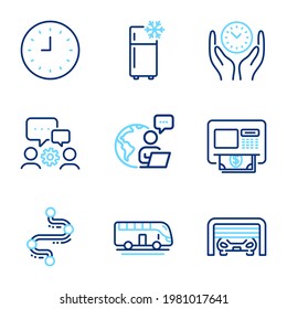 Technology icons set. Included icon as Atm, Parking garage, Engineering team signs. Clock, Safe time, Timeline symbols. Refrigerator, Bus tour line icons. Money withdraw, Automatic door. Vector