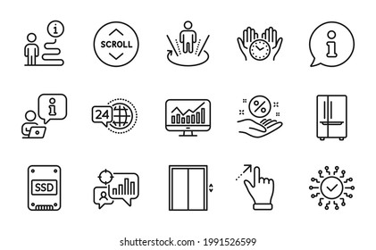 Technology icons set. Included icon as Loan percent, 24h service, Safe time signs. Augmented reality, Lift, Ssd symbols. Touchscreen gesture, Refrigerator, Seo statistics. Statistics. Vector