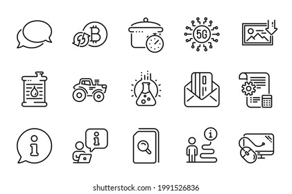 Technology icons set. Included icon as Refresh bitcoin, 5g technology, Computer mouse signs. Download photo, Credit card, Oil barrel symbols. Tractor, Messenger, Settings blueprint. Vector