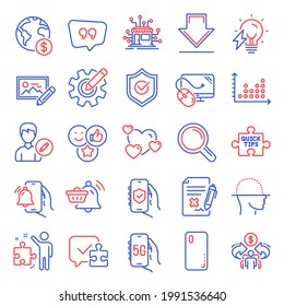 Technology icons set. Included icon as Downloading, Notification cart, Dot plot signs. Heart, Reject file, Strategy symbols. 5g internet, Edit person, Like. Quote bubble, Smartphone cover. Vector