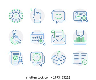 Technology icons set. Included icon as Smile, Smile face, Send box signs. Seo analytics, Divider document, Question mark symbols. Clock, Mail newsletter, Touchscreen gesture. Disabled. Vector