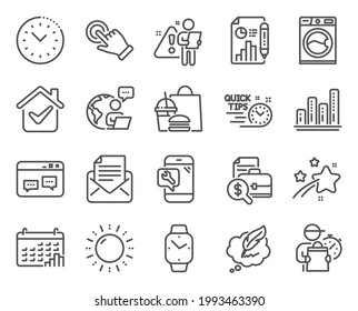 Technology icons set. Included icon as Browser window, Touchscreen gesture, Phone repair signs. Accounting report, Graph chart, Copyright chat symbols. Calendar graph, Time management. Vector