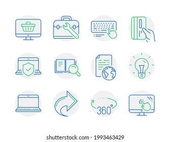 Conjunto de iconos de tecnología. Icono incluido como Idea, 360 grados, carteles para portátiles. Caso de herramienta, documento de Internet, símbolos de tarjeta de pago. Teclado de computadora, Compartir, Seguro de laptop. Tienda web. Vector