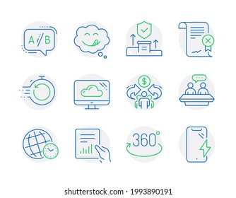 Technology icons set. Included icon as Ab testing, Employees talk, Yummy smile signs. Fast recovery, Time zone, Reject certificate symbols. Cloud storage, Full rotation, Sharing economy. Vector