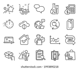 Technology icons set. Included icon as Bumper cars, Chat message, Cloud protection signs. Chemistry lab, Smartphone glass, Search analysis symbols. Hold box, Cooking timer, Swipe up. Vector