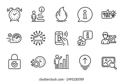 Technology icons set. Included icon as Alarm clock, Success business, Password encryption signs. Cloud network, Dishwasher timer, Fire energy symbols. Search photo, Speedometer, Swipe up. Vector