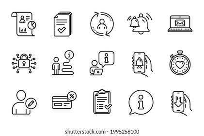 Technologie-Symbole gesetzt. Icon als Glockenwarnung, Benutzer bearbeiten, Glockenzeichen einschließen. Handout, Genehmigte Checkliste, Berichtssymbole. Benutzerinfo, Cashback, App herunterladen. Herzschlag-Timer, Sicherheitsschloss. Vektorgrafik