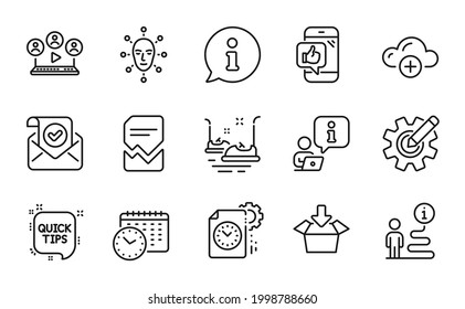 Technology icons set. Included icon as Mobile like, Confirmed mail, Face biometrics signs. Calendar time, Quick tips, Bumper cars symbols. Cogwheel, Cloud computing, Project deadline. Vector