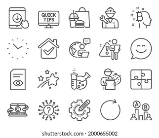 Technology icons set. Included icon as Ab testing, Puzzle, Smile chat signs. Chemistry lab, Repairman, View document symbols. Copywriting notebook, Scroll down, Question mark. Synchronize. Vector