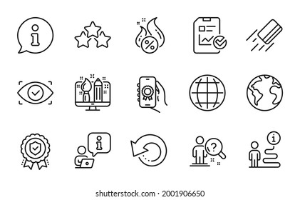 Technology Icons Set. Included Icon As World Planet, Hot Loan, Biometric Eye Signs. Award App, Globe, Credit Card Symbols. Creative Design, Ranking Stars, Insurance Medal. Report Checklist. Vector