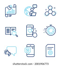 Technology icons set. Included icon as Seo timer, Heart rating, Search text signs. File settings, Chemistry molecule, Report document symbols. 5g phone, Megaphone line icons. Line icons set. Vector