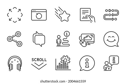 Conjunto de iconos de tecnología. Icono incluido como cara sonriente, estrella de caída, señales de computación en nube. Documento, Metodología, Símbolos de Messenger. Recuperación de Internet, Maximizar, Auriculares. Gráfico Seo, Compartir. Vector
