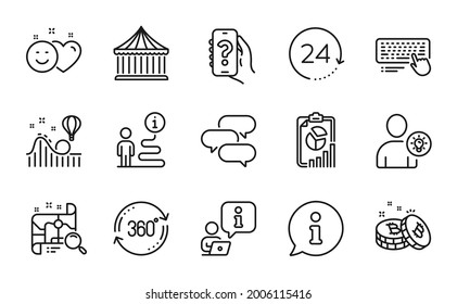 Technology icons set. Included icon as Report, Smile, Talk bubble signs. Help app, User idea, Computer keyboard symbols. Search map, Carousels, Full rotation. Roller coaster, Bitcoin. Vector