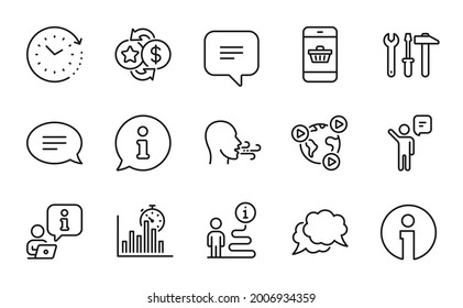 Technology Icons Set. Included Icon As Spanner Tool, Report Timer, Info Signs. Chat, Smartphone Buying, Breathing Exercise Symbols. Agent, Loyalty Points, Time Change. Text Message. Vector