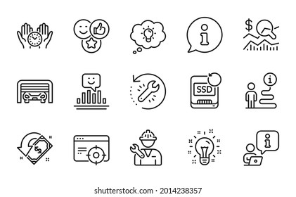 Conjunto de iconos de tecnología. Icono incluido como herramienta de recuperación, Tiempo seguro, Comprobar signos de inversión. Garaje de estacionamiento, Energía, Sectores apuntando a símbolos. Retroceso, Recuperación Sed, Me Gusta. Sonríe, Idea, Reparador. Vector