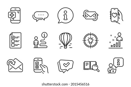 Technology Icons Set. Included Icon As Air Balloon, Medical Phone, Refresh Mail Signs. Idea, Voting Ballot, Approved Symbols. Search Book, Stats, Dating App. Dots Message, Receive Mail. Vector