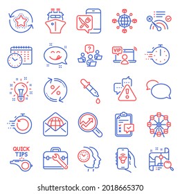 Technology icons set. Included icon as Music app, Cooking timer, Ferris wheel signs. Tool case, Checklist, Yummy smile symbols. Tutorials, Calendar time, Loan percent. Food app, Ship, Idea. Vector