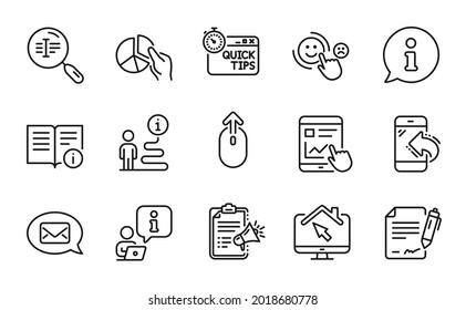 Conjunto de iconos de tecnología. Icono incluido como texto de búsqueda, Messenger, señalizaciones domésticas de trabajo. Deslizar, gráfico circular, símbolos de satisfacción del cliente. Llamada entrante, informe de Internet, información técnica. Vector