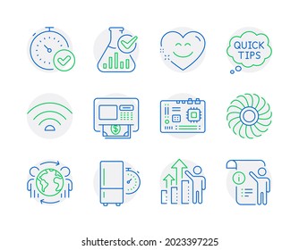 Technology Icons Set. Included Icon As Fast Verification , Global Business, Fan Engine Signs. Motherboard, Quick Tips, Employee Results Symbols. Refrigerator Timer, Chemistry Lab, Atm. Vector