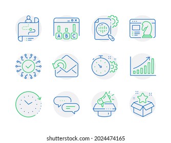 Technology Icons Set. Included Icon As Megaphone, Dots Message, Seo Stats Signs. Send Mail, Seo Strategy, Journey Path Symbols. Cogwheel Timer, Graph Chart, Survey Results. Time Change. Vector