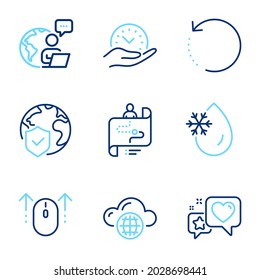 Technology icons set. Included icon as Journey path, World insurance, Heart signs. Cloud computing, Swipe up, Recovery data symbols. Safe time, Freezing water line icons. Line icons set. Vector