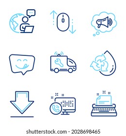 Technology icons set. Included icon as Scroll down, Recycle water, Downloading signs. Web call, Typewriter, Yummy smile symbols. Car service, Megaphone line icons. Mouse swipe, Refill aqua. Vector