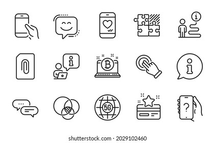Conjunto de iconos de tecnología. Icono incluido como tarjeta de fidelidad, Bitcoin, 5g carteles de Internet. Pregunta, gesto de pantalla táctil, símbolos de mensajes puntos. Mantenga el smartphone, el juego del rompecabezas, el chat del amor. Vector