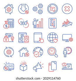 Technology icons set. Included icon as Finance calculator, Social media, Graph chart signs. Web call, Security contract, Loan house symbols. Stop talking, Time management, Online help. Vector