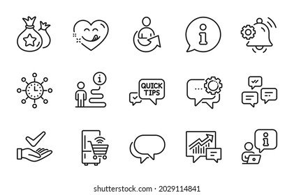 Conjunto de iconos de tecnología. Icono incluido como refrigerador, mensajes de chat, señales de puntos de lealtad. Consejos rápidos, Mensajero de empleados, símbolos de timbre de notificación. Probada dermatológicamente, burbuja Talk. Vector