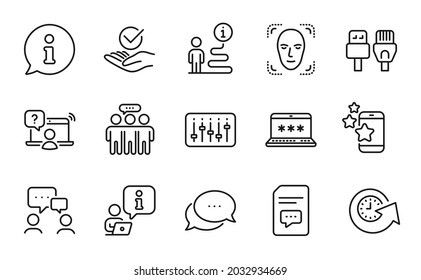Conjunto de iconos de tecnología. Icono incluido como mejor aplicación, grupo Empleados, signos aprobados. Cables de computadora, pregunta en línea, símbolos de contraseña de laptop. Detección de caras, mensaje puntos, controlador Dj. Vector