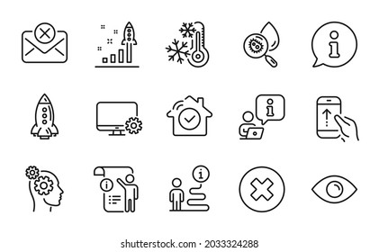 Technology icons set. Included icon as Monitor settings, Rocket, Close button signs. Reject mail, Manual doc, Development plan symbols. Thoughts, Eye, House security. Freezing, Swipe up. Vector