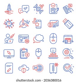 Technology icons set. Included icon as Internet, Refrigerator, Search statistics signs. Bitcoin chart, Artificial intelligence, Crowdfunding symbols. Approve, Chemistry dna, 5g internet. Vector