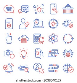 Technology icons set. Included icon as Quick tips, Touchscreen gesture, Light bulb signs. Search car, Employee hand, Idea symbols. Cloud server, Chemistry atom, Outsource work. Gears, User. Vector